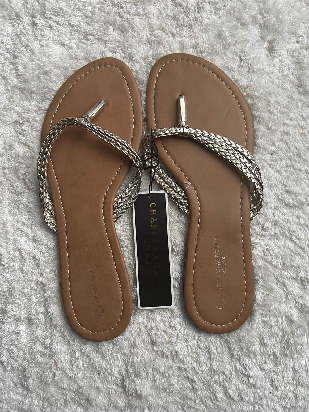 Charles Albert Brown Sandals with Silver Braided Toe Strap